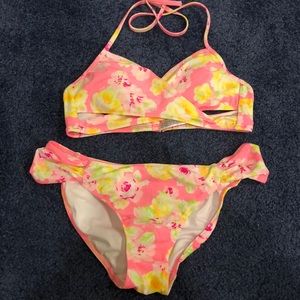Neon pink floral bikini top and bottom
